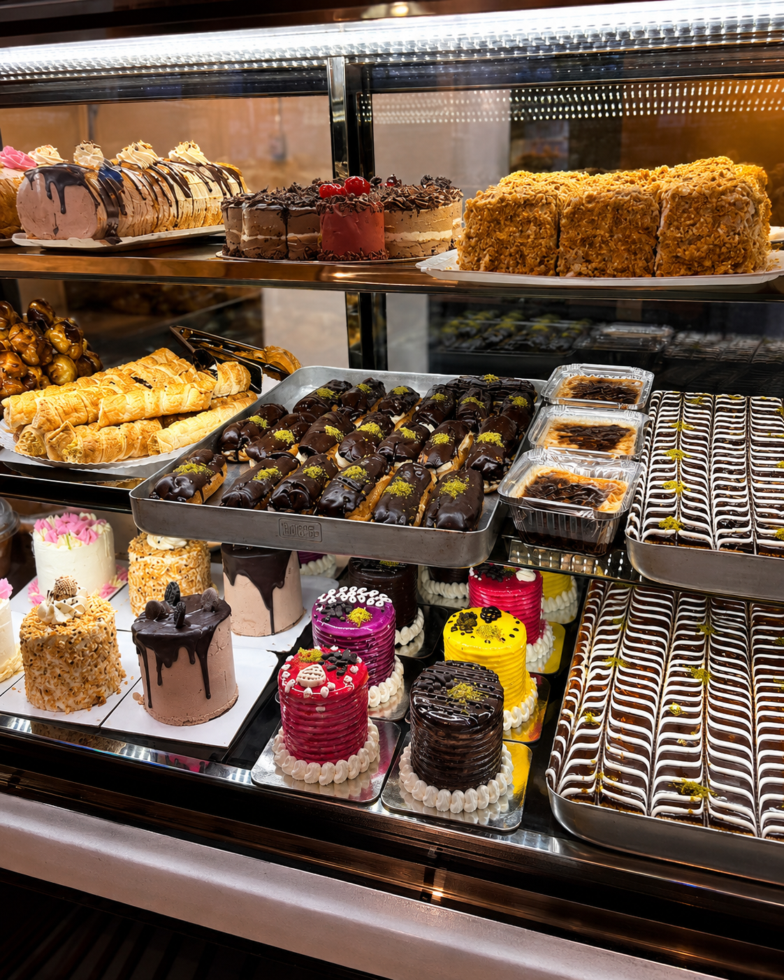 KI-verbesserte Vitrine mit Süßspeisen, Gebäck und Torten